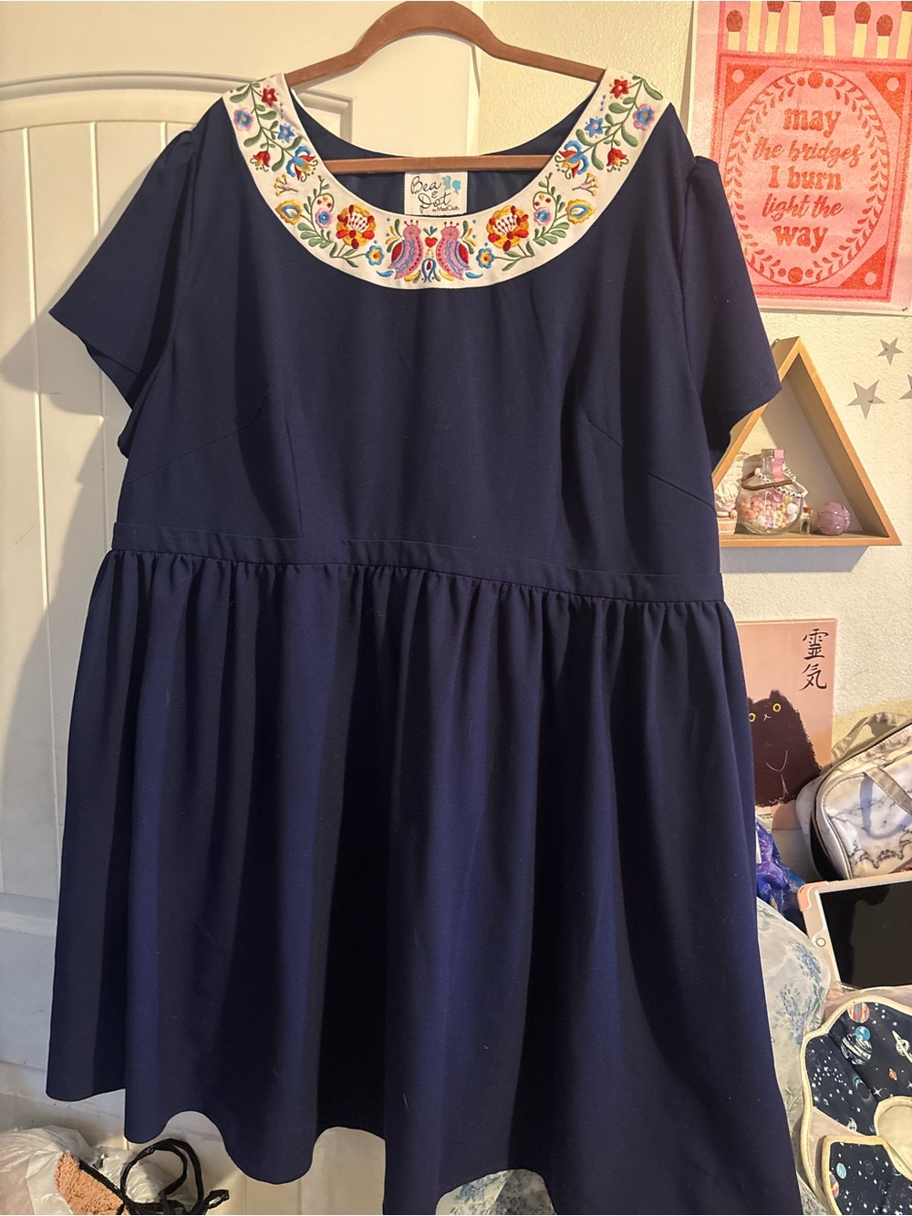 Modcloth Bea & Dot Navy Dress with Colorful Embroidered Collar
